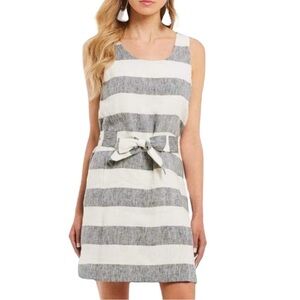 A loves A 100% Linen Lined Grey White Striped Belted Mini Dress size Medium